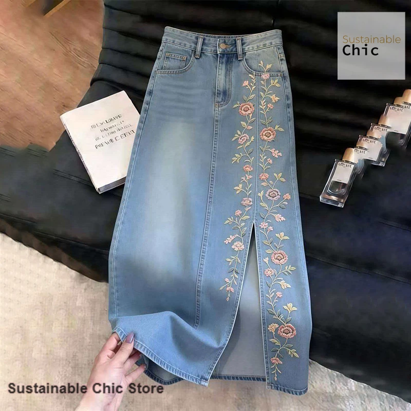 Chinese national style high-grade sense medium-long skirt summer new fashion blue embroidered high waist slim casual denim skirt