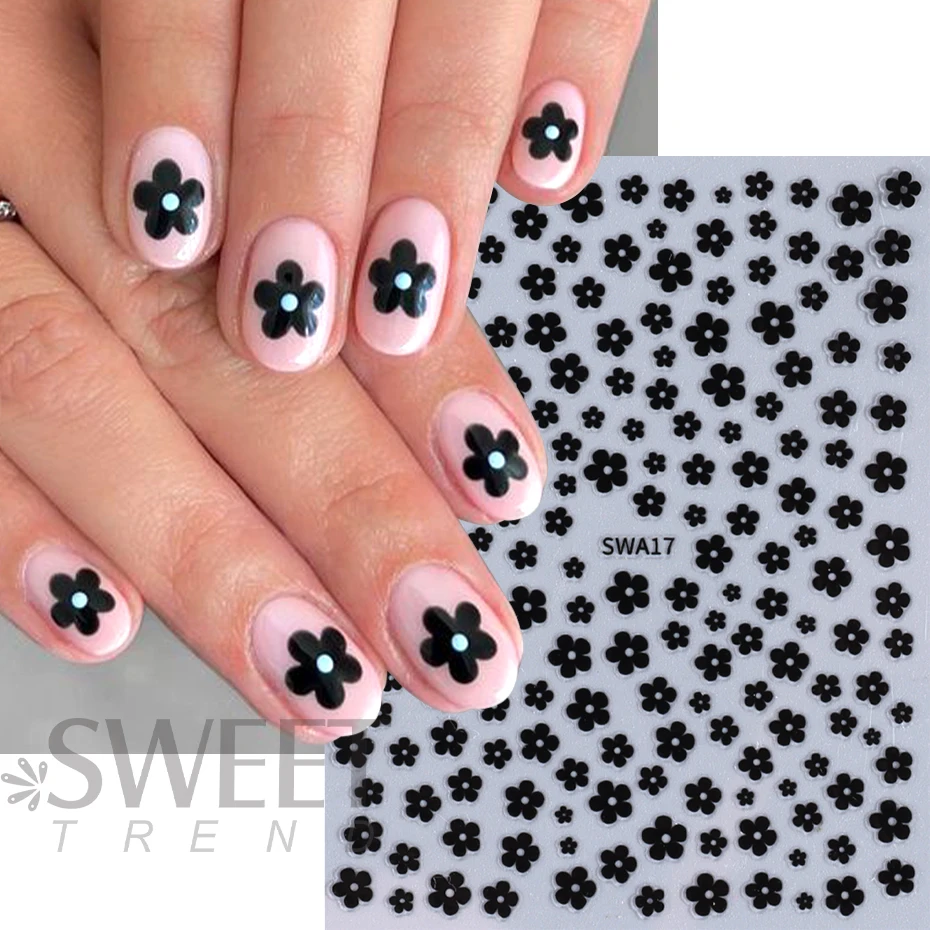 3D Black White Flower Nail Sticker Lovely Flower Petal Charm Cute Japanese Korean Style Slider Y2K Manicure Art Decoration Tips