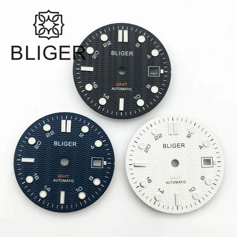 BLIGER 29mm/31mm Watch Dial Black Blue White Dial Wave Grain Green Luminous Fit NH34 DG5833/3804 GMT Automatic Movement Date