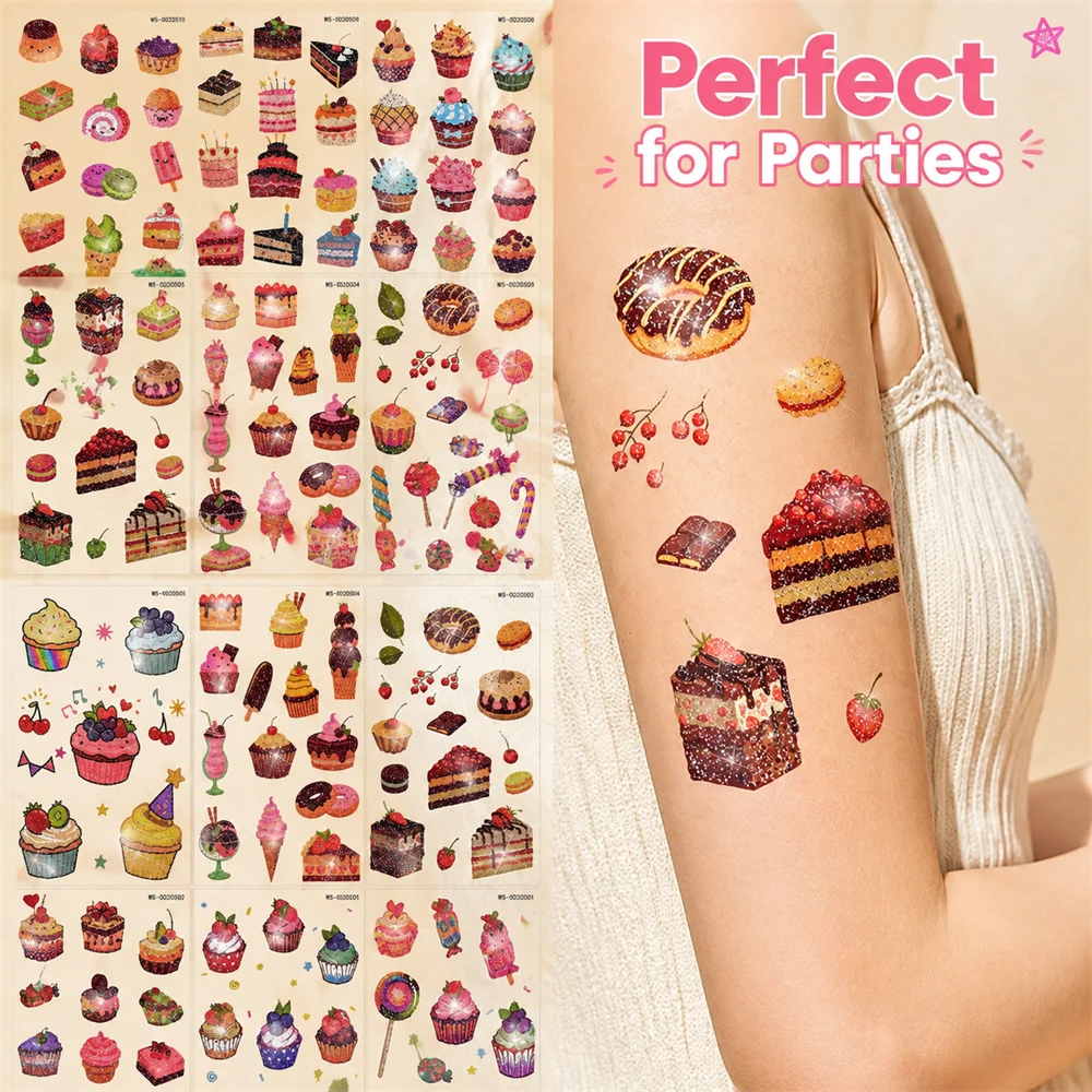 10Pcs Glitter Sweet Food Temporary Tattoos Colorful Cake Donut Fruit Candy Waterproof Body Art Stickers For Festival Favors