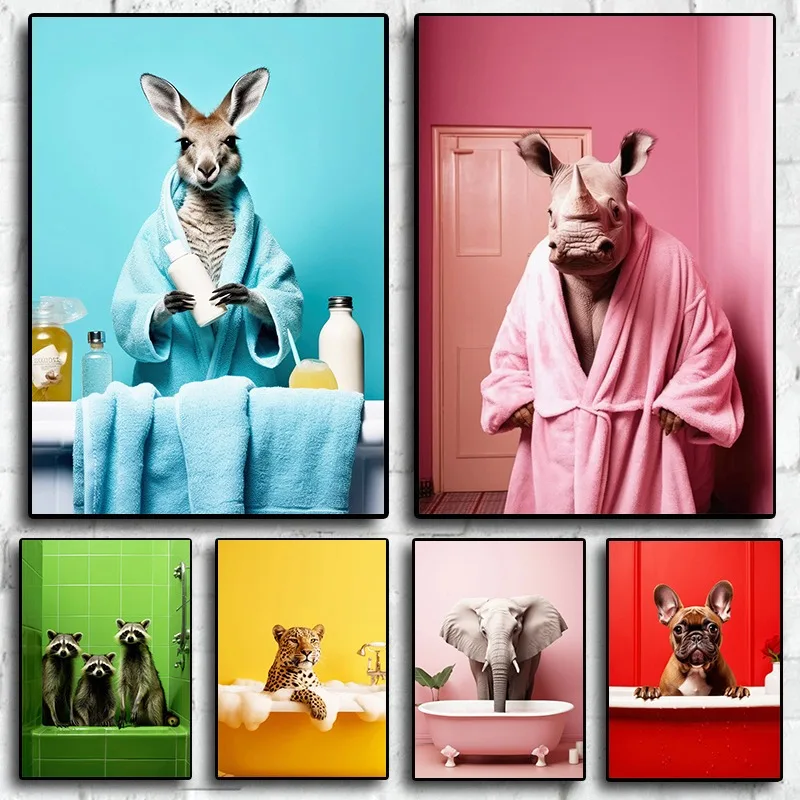 Póster de animales divertidos, pintura en lienzo de canguro, hipopótamo, elefante, impresiones de baño de burbujas, arte de pared, decoración del baño del hogar y la habitación del inodoro