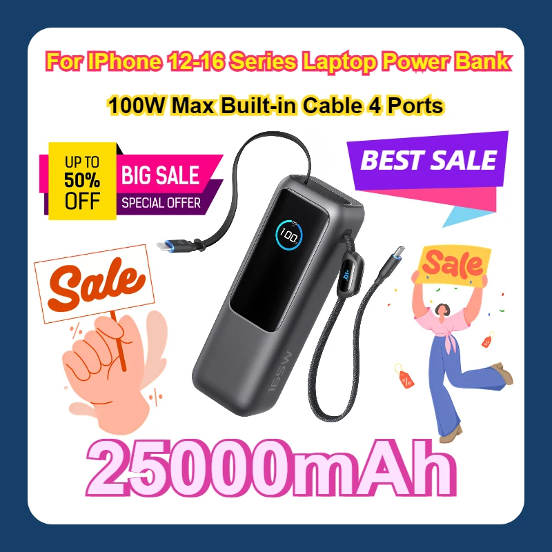 

For IPhone 12-16 Series Laptop Power Bank 25000mAh 100W Max Built-in Cable 4 Ports