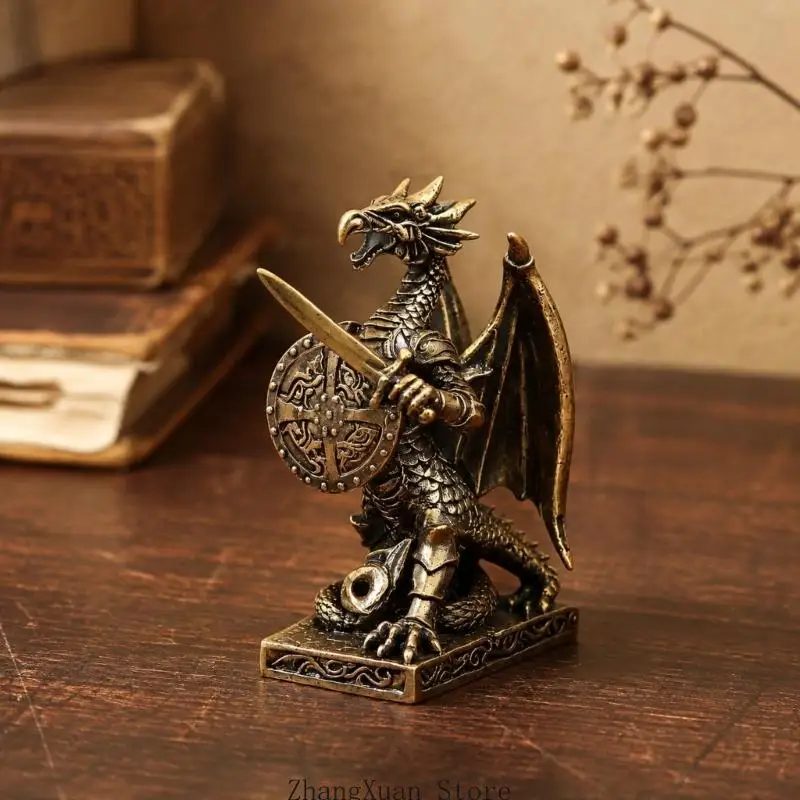 Antike Soldat-Drachenstatue aus Metall mit Gusskonstruktion, detaillierter Kämpferform, gealterter Oberfläche und dem 3XUF – Detail 5