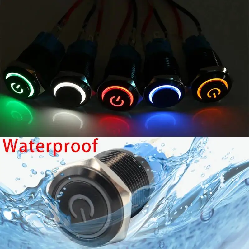 12/16/19/22mm bloqueio de travamento de reinicialização momentânea concha preta interruptor de botão de metal à prova d'água luz led plana redonda 6v 12v 220v