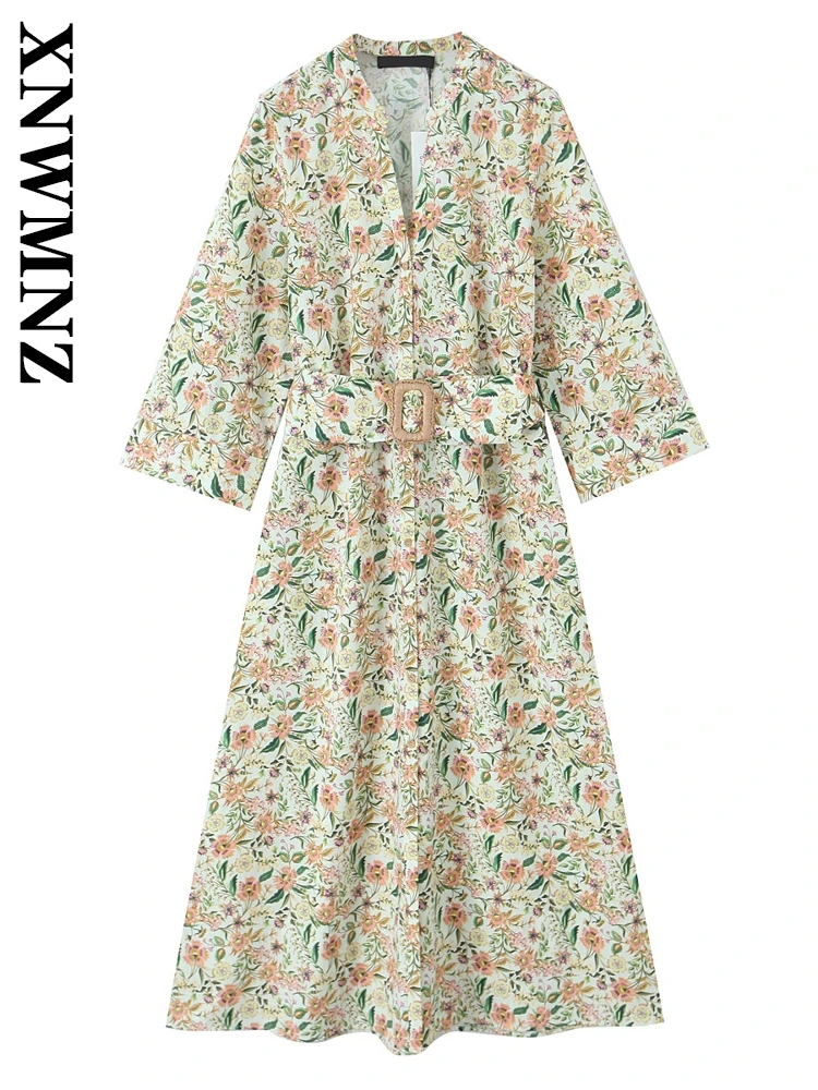 

XNWMNZ 2025 Summer New Lady Commuting V-Collar Top Midi Skirt Vintage Woman's Button Dress Print belt Long Sleeve Dresses Floral