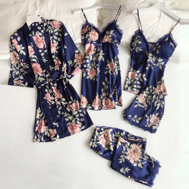 

2024 New Top Pajamas Sexy Summer Pajamas Five Piece Set Suspender Pajamas for Women Home Clothing with Chest Pads Bathrobe