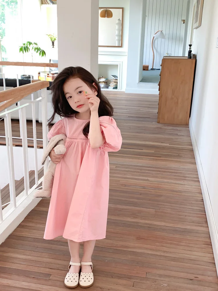 

Girls' Dress Summer Outfit New Vacation Style Bubble Sleeves Princess Long Solid Color Kids Fashion Skirt