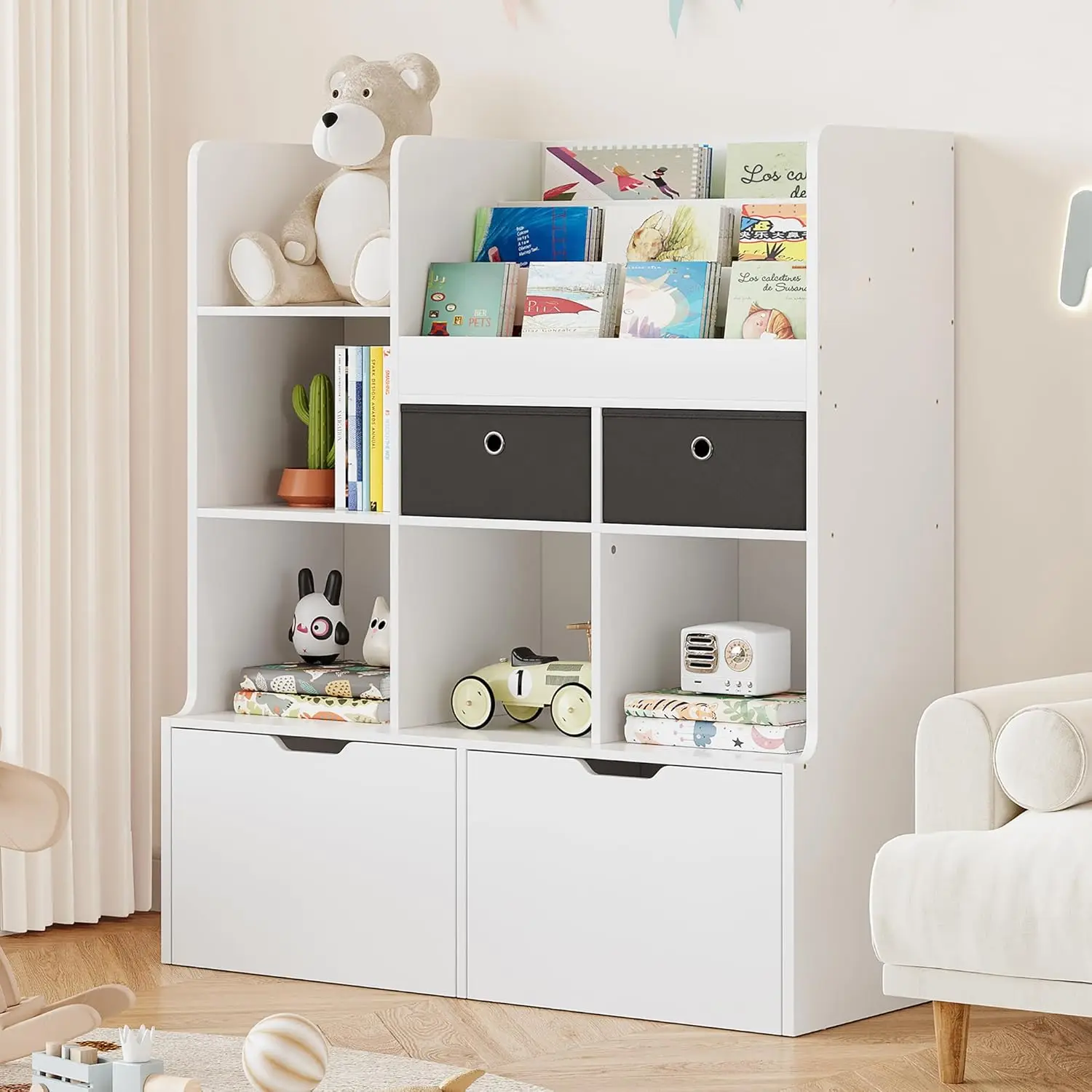

42.5 Inch Kids Wooden Bookshelf With 4 Drawers Photo Prop 7-Compartment Bookcase Toy Organizer For Nursery Playroom
