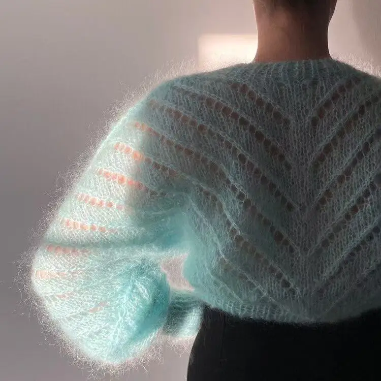 Green series hollow pattern design hand woven comfortable mohair long sleeved buttoned cardigan sweater V-neck handmade sweater