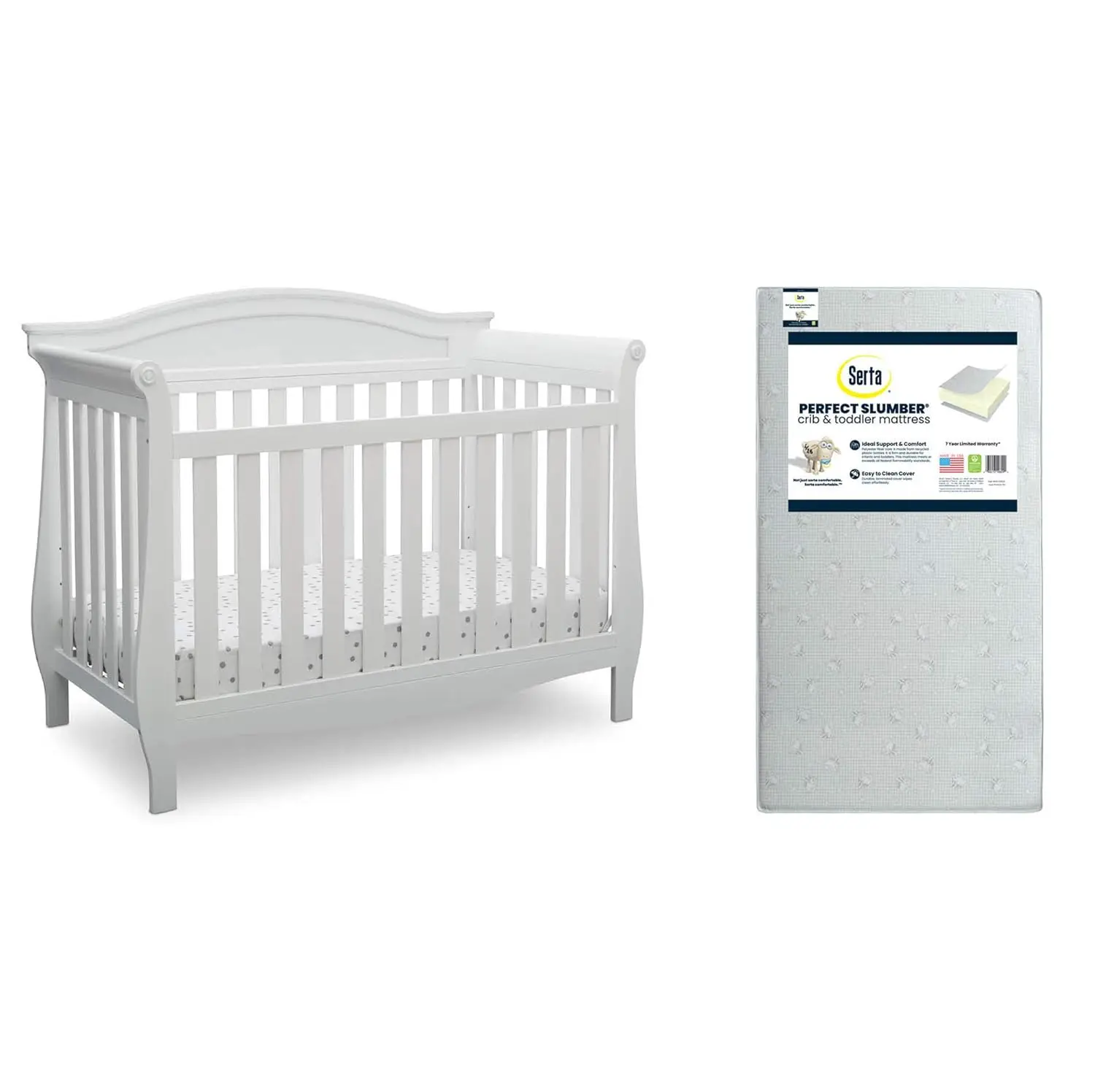 Delta Children Lancaster 4-In-1 Convertible Baby Crib, Bianca White + Serta Perfect Slumber Dual Sided Recycled Fiber Core Crib