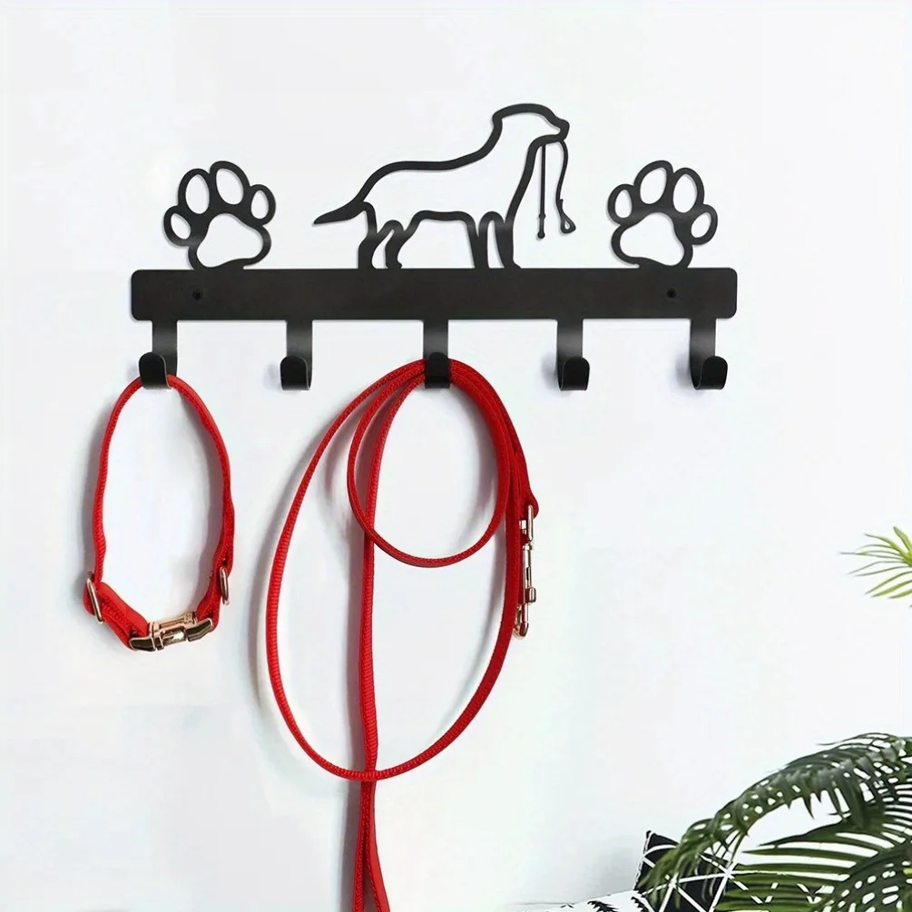 Paw Dog Hanger Metal Wall Art Iron 5 Hooks Pet Organizer Entryway Hanging Mural Decor Gift