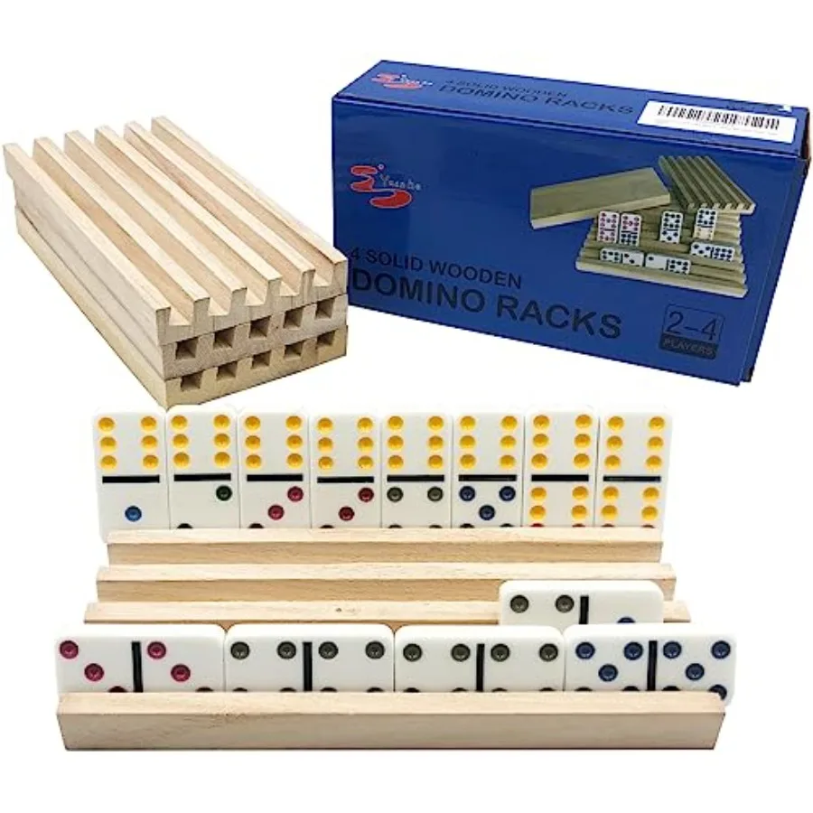 Domino Holder Trays Rack - Set of 4 Wooden Tiles Stand Holders for Mexican Train Rummy Chickenfoot