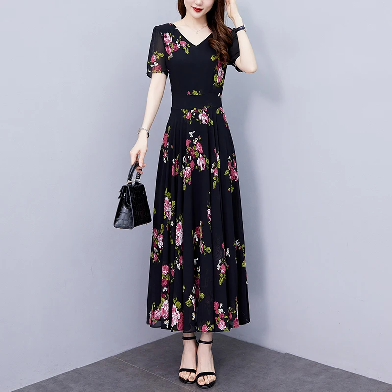 2025 Vintageสีดําพิมพ์VคอNight MidiชุดBodycon PartyหรูหราพรหมชุดยาวElegantผู้หญิงสบายๆชุดชีฟองดอกไม้