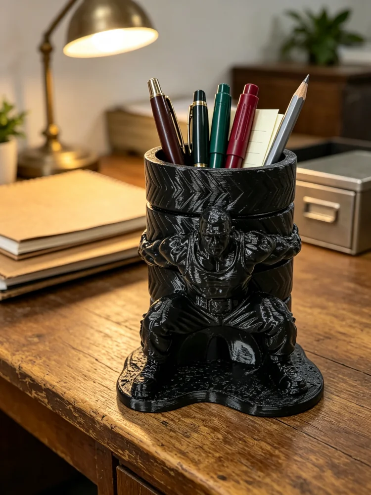 Creative Sculpture-Style Muscle Man Desktop Pen Holder, Strong Man-Shaped Pencil Holder with a Tire Design, Black Cylindrical Pen Cup, Petg Matte Plastic Office Supplies Organizer, Stable Base with Large Capacity Storage, Desktop Stationery Organizer, Fun and Novel Desktop Decoration, Suitable for Office and Home Use, Interesting Gift for Men, Teachers, and Fitness Enthusiasts