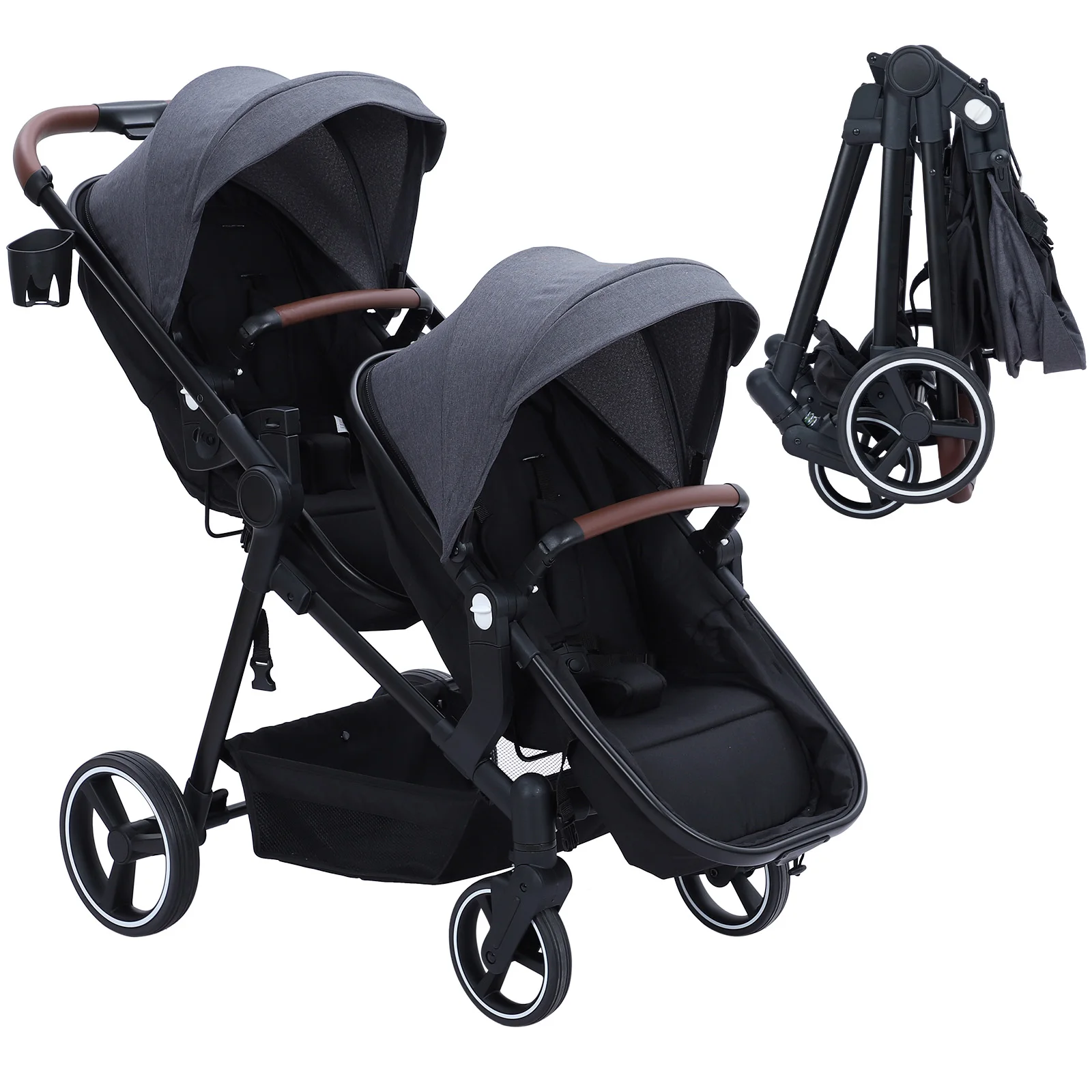 

Double Track Tandem Stroller, Foldable Bassinet Pram for Infant and Toddler, Reversible Pushchair, Adjustable Backrest & Canopy