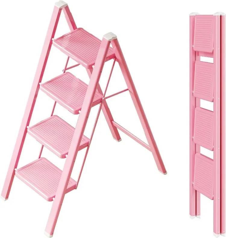 

Pink 4 Step Ladder, Sturdy Foldable Ladder, Integrated 7.9Inch Wide Pedal and Anti-Slip Feet for Steady Support