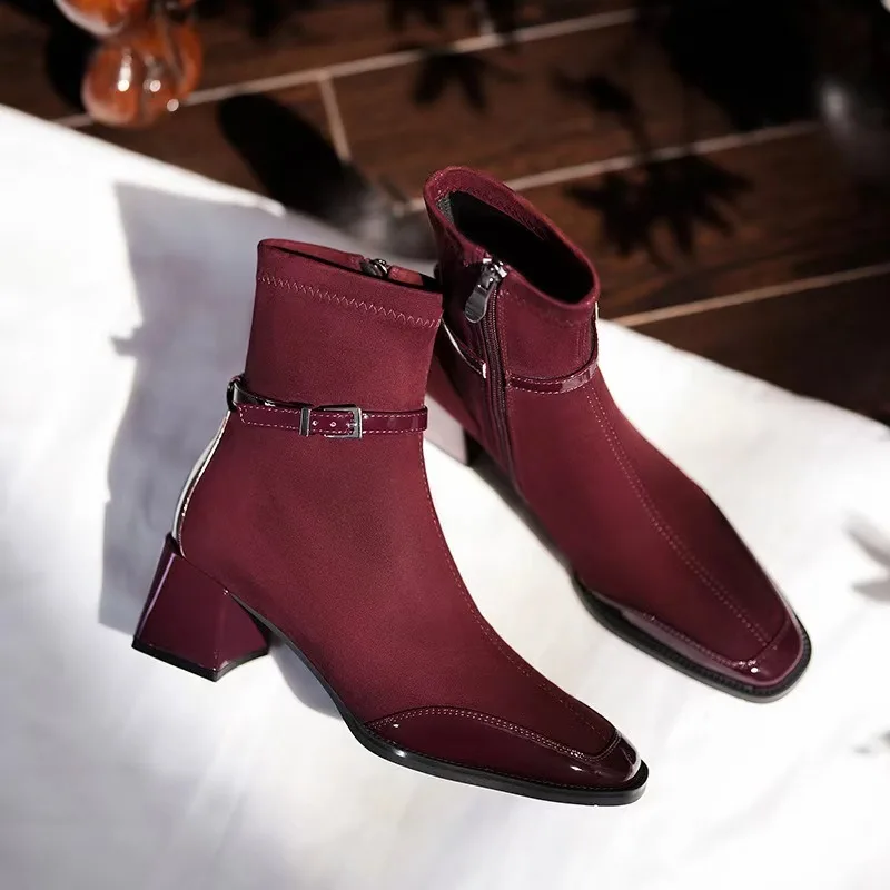 Fashionable High-heeled Wine Red Short Boots for Women 2024 New Luxury High-end Design High-heeled Single Shoes Zapatos Mujer