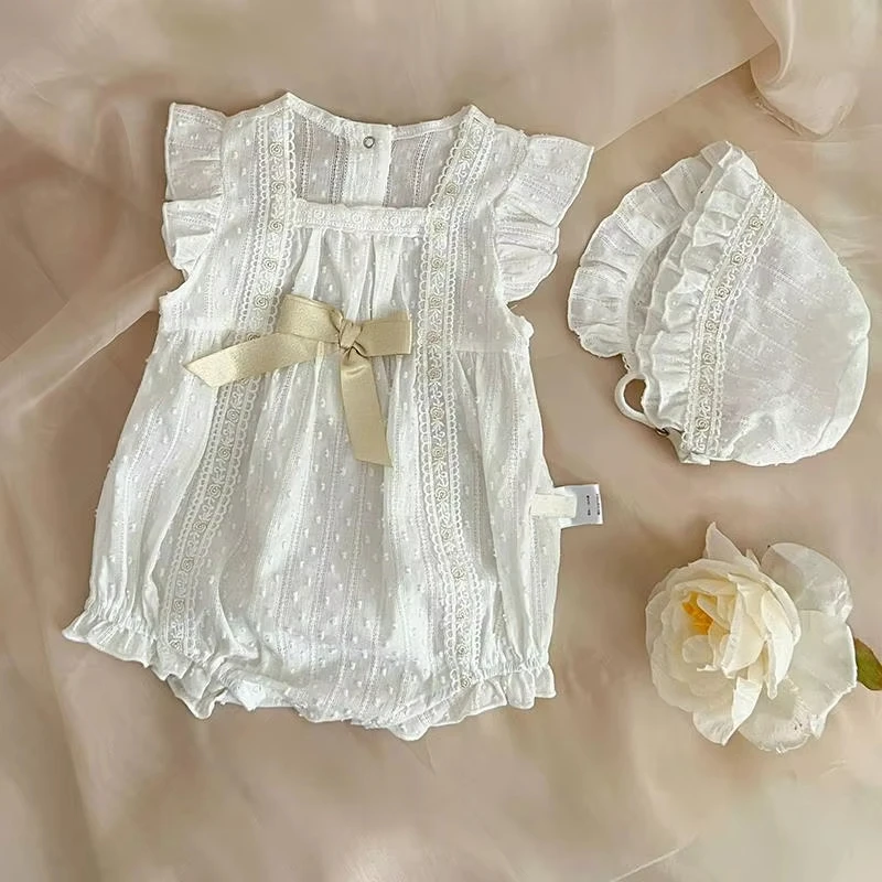 Baby Summer Clothes White Lace Girls Romper with Hat 2Pcs Newborn Ruffle Sleeves Jumpsuit for Kids Korean Princess Onesies 0-24M