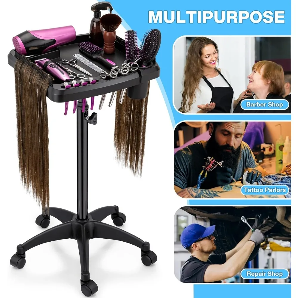 Hair Extension Tray Cart on Wheels W/Storage Holder, Height Adjust & Removable Hairstylist Rolling Tray Cart with Wheels