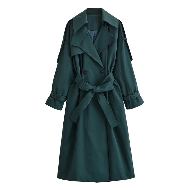 

Women's Trench Coat New Style for Autumn 2025 Green Long Sleeve British Style Long Trench Coat with Belt Decoration Casual