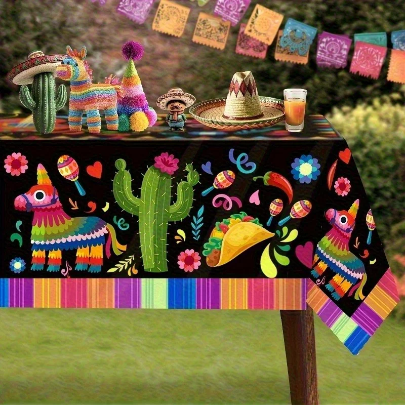 1pc Mexican Fiesta Tablecloth Guitar Cactus Pony Sombrero And Maracas Bright Floral Design on Black Background for Kitchen Dinin