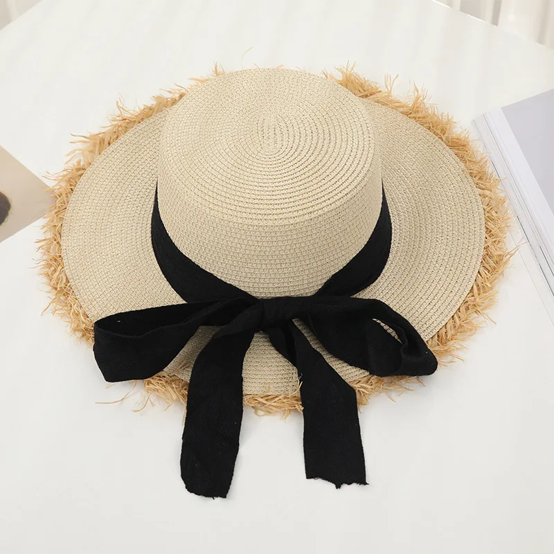 Sombrero de paja con lazo de encaje con borlas para mujer, sombrero de sol flexible informal, cinta protectora solar para playa, Verano