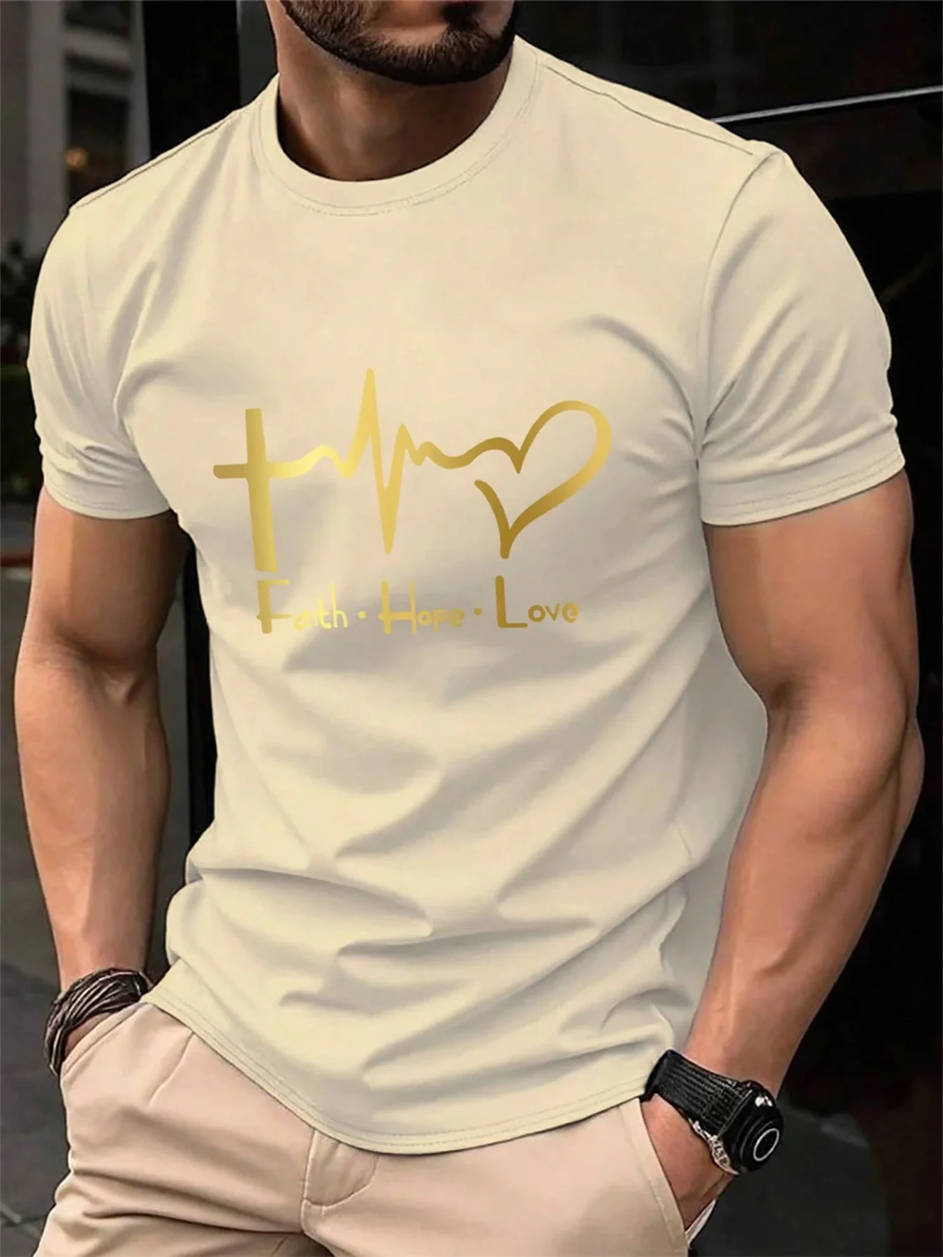 Men's Summer 100% Cotton Fashionable Casual Loose Large Size FAITH HOPE LOVE Printed Sports Round Neck Short Sleeve T-shirt Top image 5