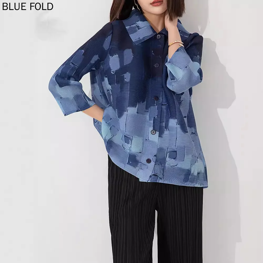 MIYAKE-Pleated Casual Tops for Women, Loose, Large Size, Fashionable Lapel, Loose and Slim, Versatile Button-Down Blouses, PLEAT