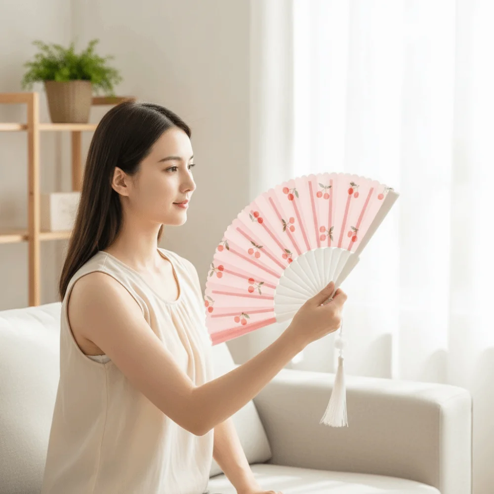 Portable Fruit Pattern Summer Folding Hand Fan with Tassel Plastic Frame Handheld Fan Lightweight Cooling Fan School