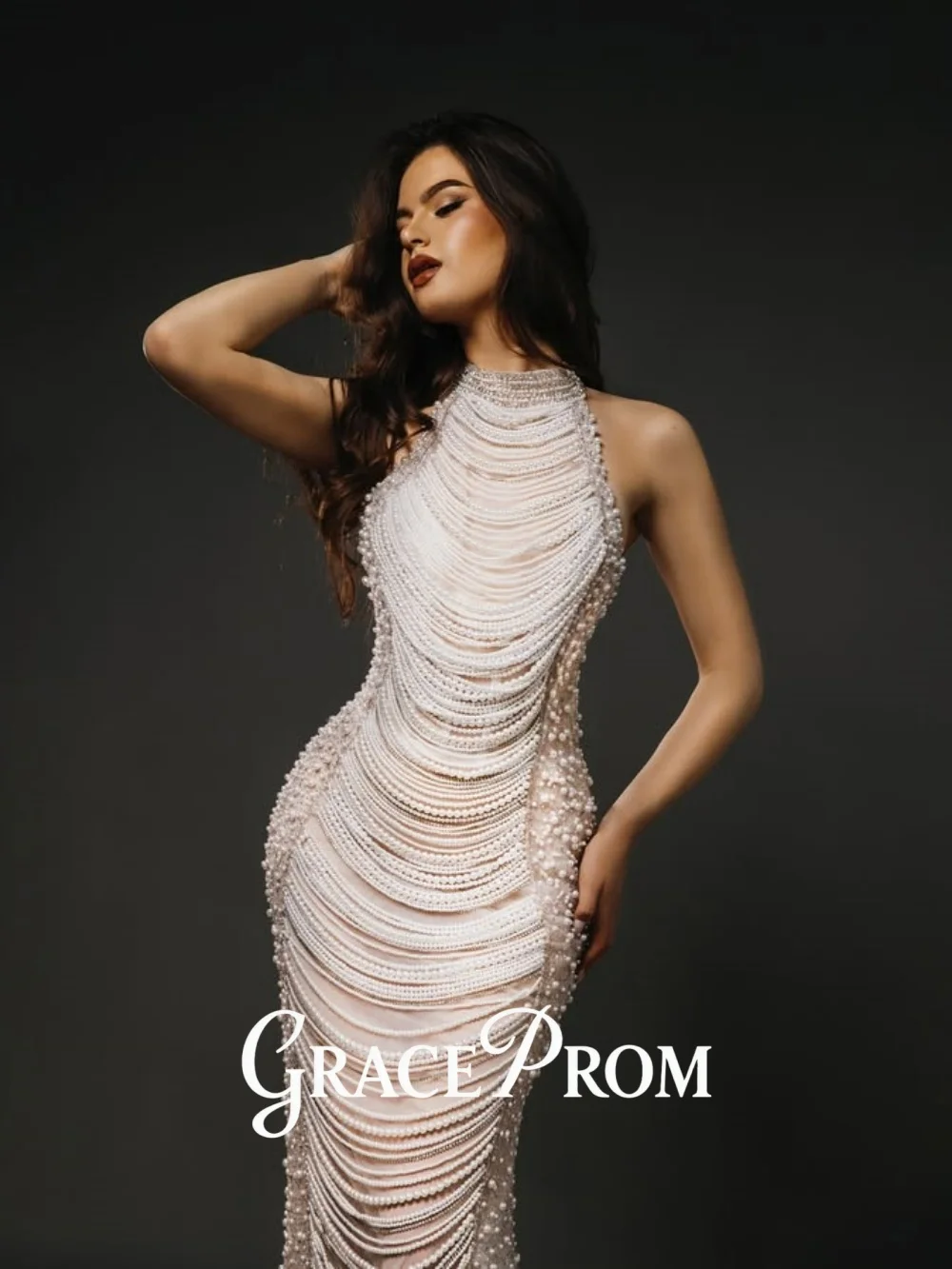 GraceProm Elegant Ivory-Hued Evening Dress 2026 Beaded-Chain Carpet Gown Fashion A-Line Floor-Length Party Gown فساتين س