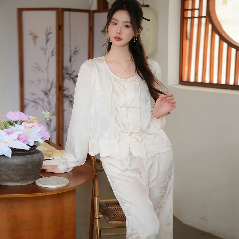 

Guo Feng new Chinese pajamas women spring and fall new ice silk long-sleeved long pants two-piece suit ancient style homewear