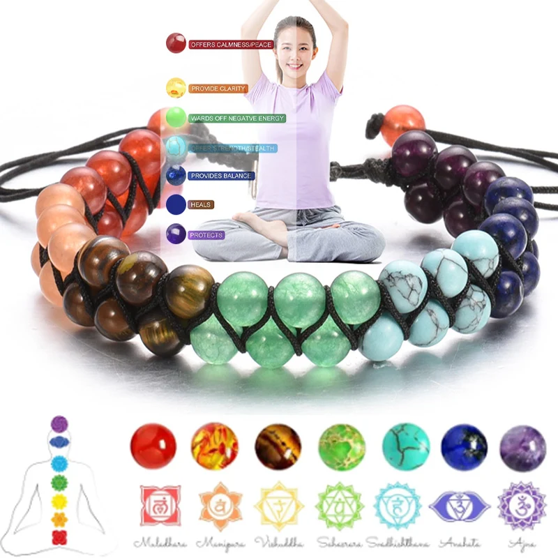 Pulseras de doble capa de 7 Chakras para mujeres y hombres, pulsera de Yoga indio, Chakra, Pray, brazaletes de cuentas de piedra de Lava, joyería curativa