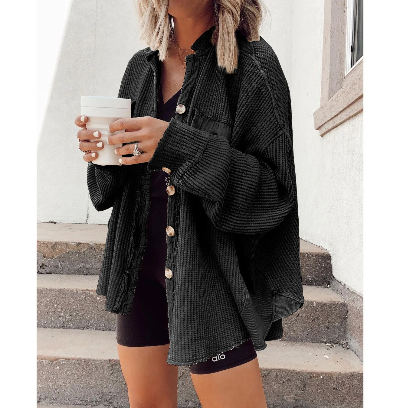 

European and American autumn jacket fashion casual lapel pocket splicing irregular shirt jacket female