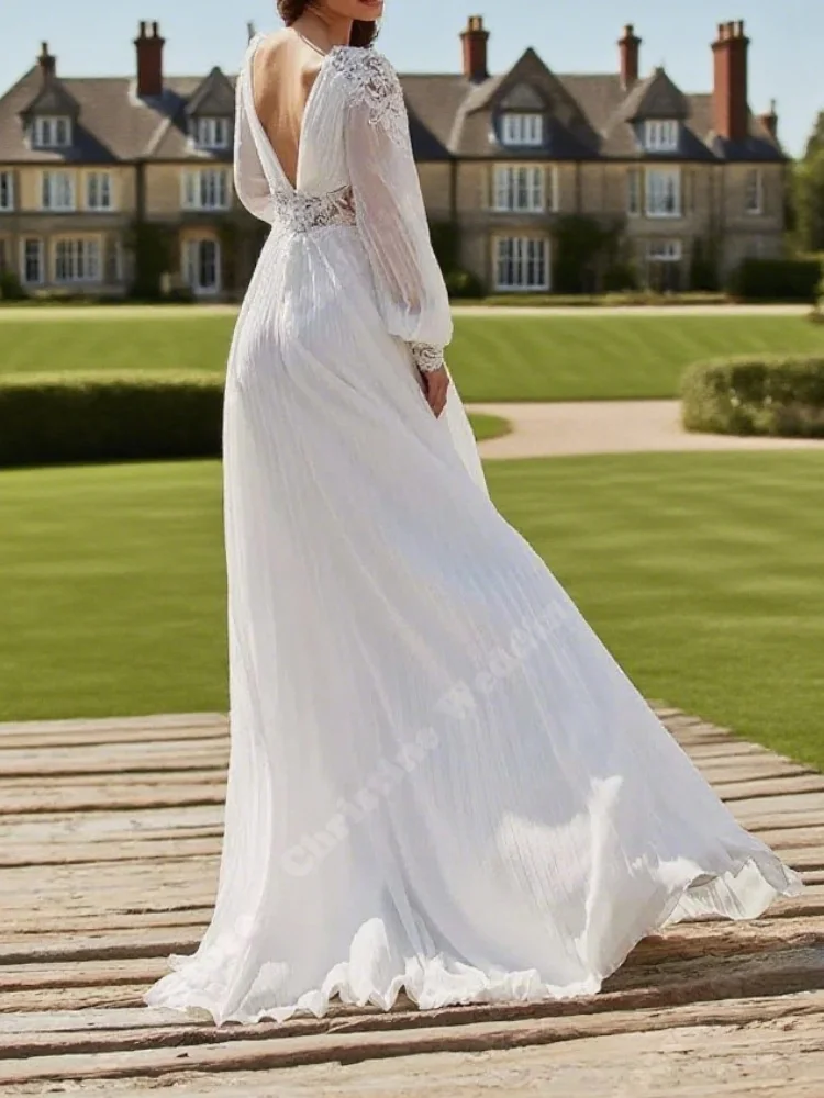 Deep-V A-Line Lace Bridal Gowns Backless Mopping Length Lace Printing Vestidos Elegant Women Wedding Dresses Customized