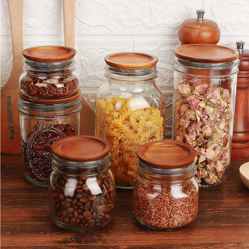 12Pcs per Pack Wooden Storage Lid, Canned Spherical Tanks, Sealed with Airtight Silicone, Brown, Smooth, Conventional Mouth