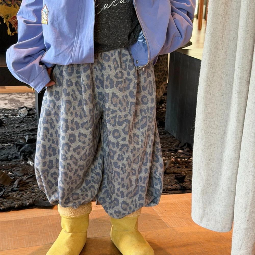 Pants 2026 Spring and Autumn New Children's Clothes Korean Style Boys and Girls Fashion Leopard Print Casual Knit Pants