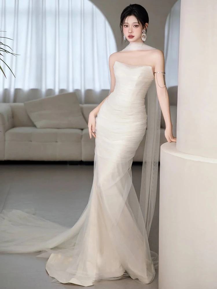 

Элегантное свадебное платье с топом без бретелек и тюлевой юбкой для свадьбы, дня рождения, вечеринки, с длинным шлейфом, вечернее платье