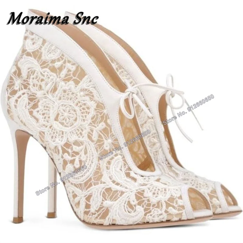 Moraima Snc Air Mesh Peep Toe Sandal Boots for Women Front Lace up Cover Heel Thin High Heels Shoes Women Stilettos Sandals