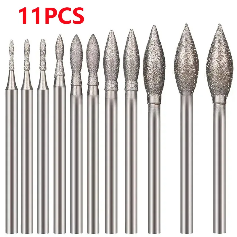 Diamond Grinding Burr, Olive Shape Stone Carving Bits For Rotary Tool (11 Pcs)