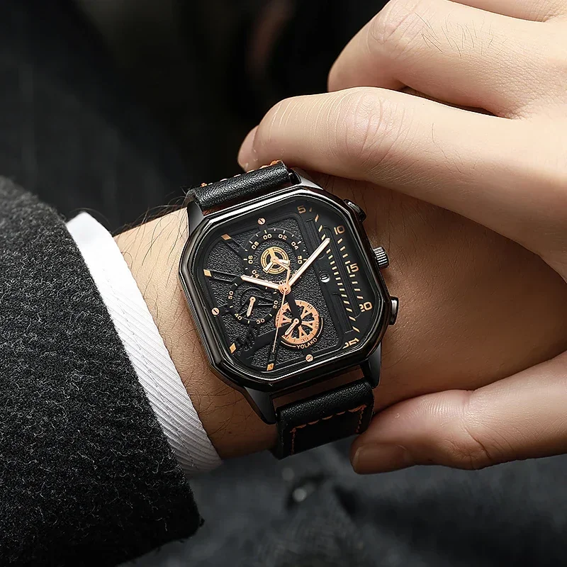 Men Quartz Watches Alloy Dial Business Men Watch PU Leather Strap Square Sports Watch Cool Black Wristwatch for Man Reloj Hombre