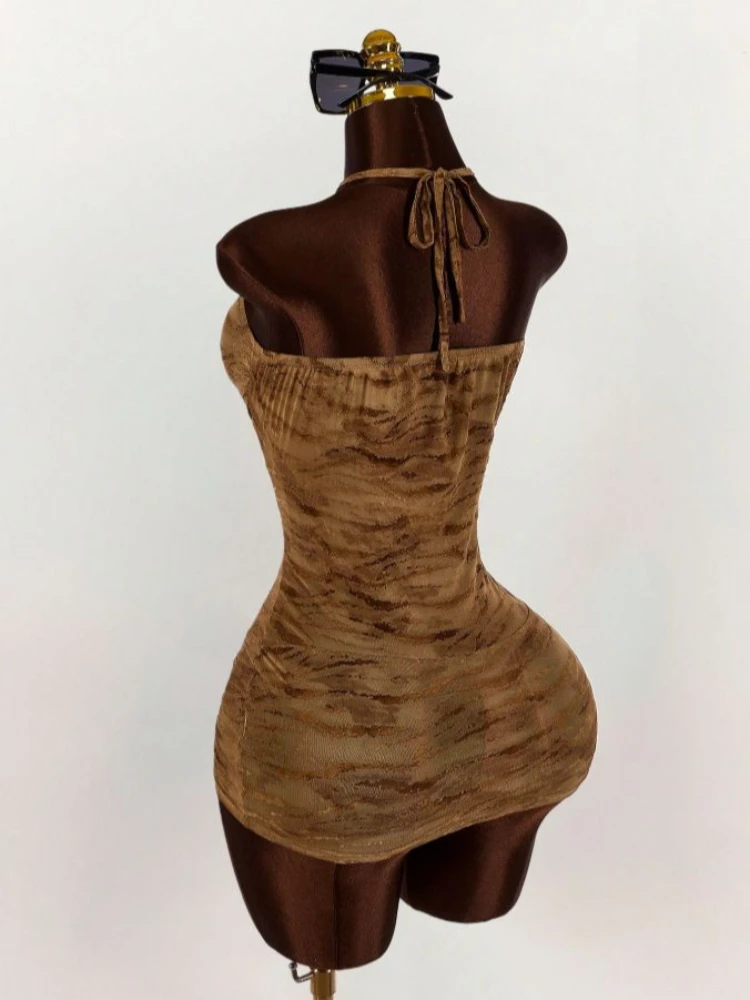Bodycon mini-jurk met halterhals voor dames - Tijgerprint Ruches Mesh Stof Clubwear Zomerfeestjurk (bruin)