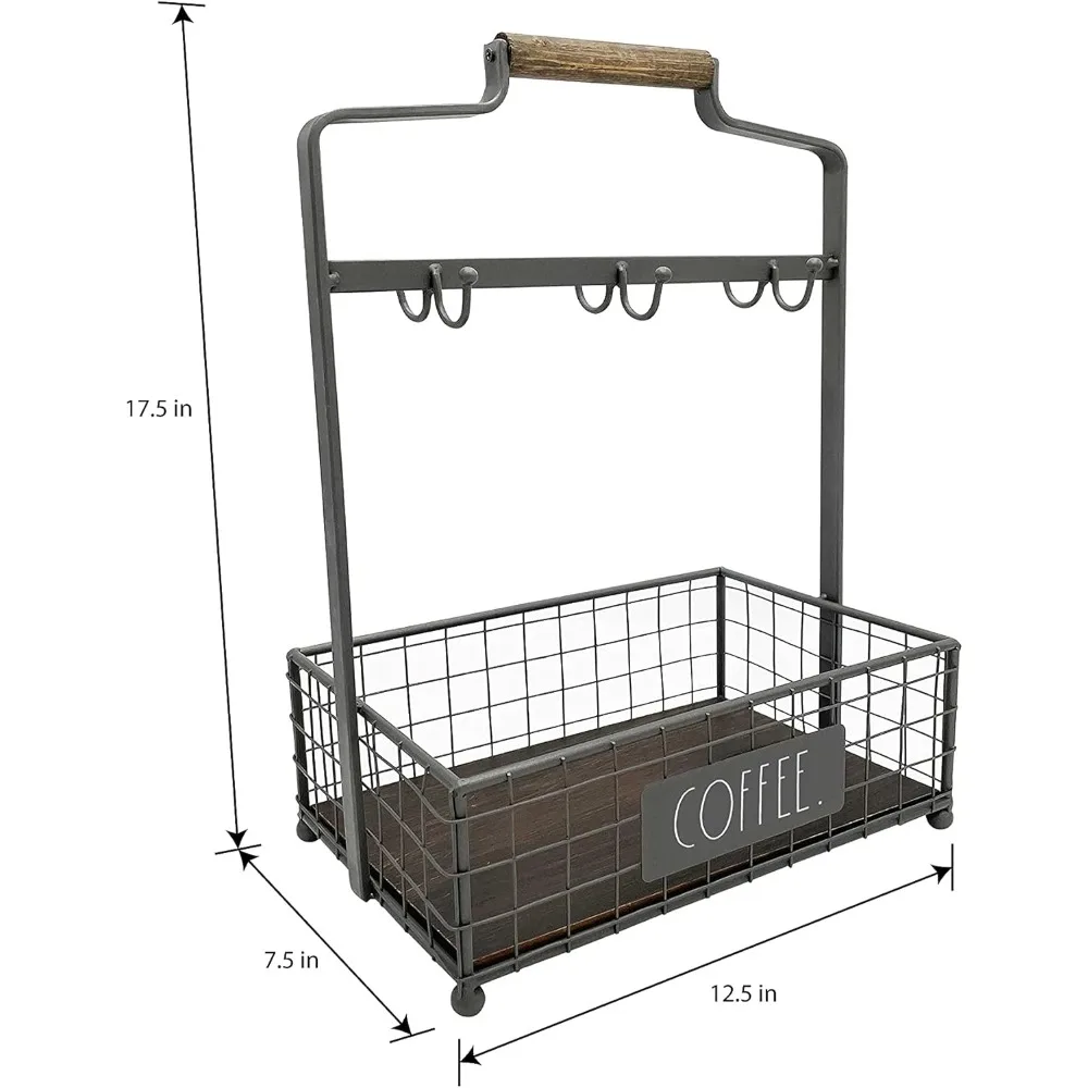 

Coffee Mug Holder - 6 Hook Coffee Cup Rack with Rectangular Rustic Style Crockery for Storage and Display for Kitchen Counter