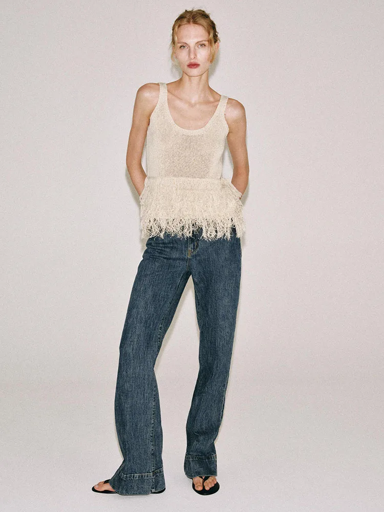 New Summer Women's Knitted Top Sleeveless round Neck Fringed Wide Shoulder Strap Versatile Fashionable Chinese Style Clothing
