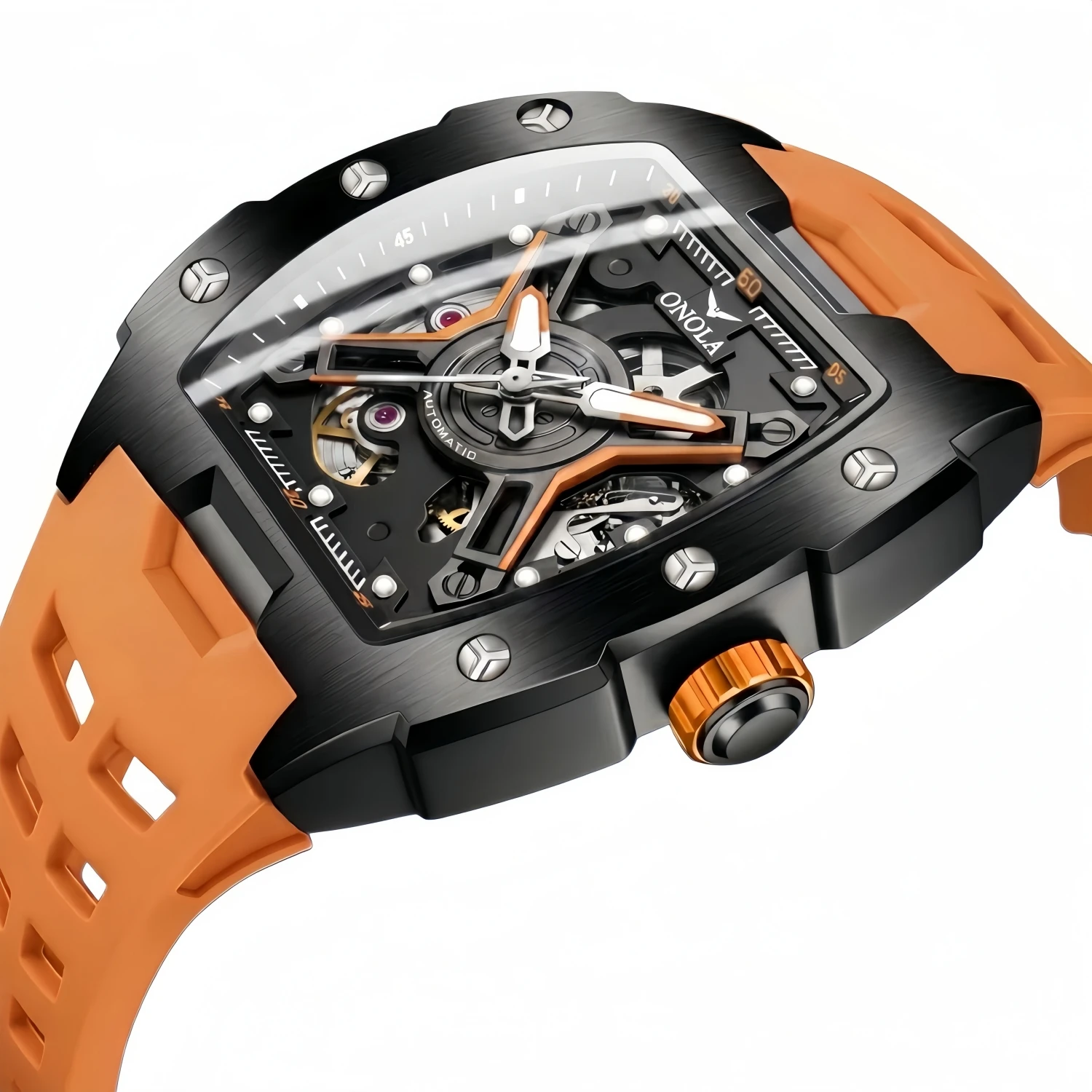 Modische, ausgehöhlte Weinfass-Uhr, beliebte ONOLA vollautomatische mechanische Herrenuhr mit Silikonarmband, wasserdicht, für Männer.