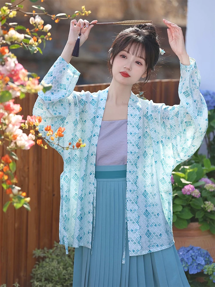 

Осенний комплект Hanfu с принтом в стиле династии Сун: рубашка с коротким рукавом на пуговицах и юбка Han Su