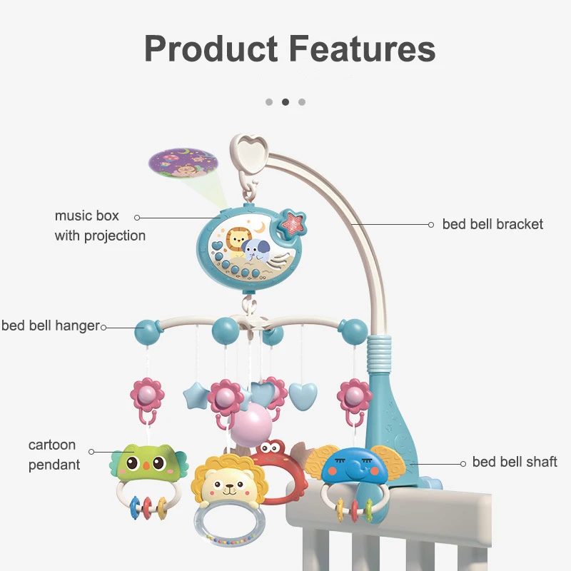 Música Projetor Berço com Movimento Chocalho Brinquedo, Rotating Night Light, Bed Bell, Educacional, Presente recém-nascido, bebê, 0-12 meses