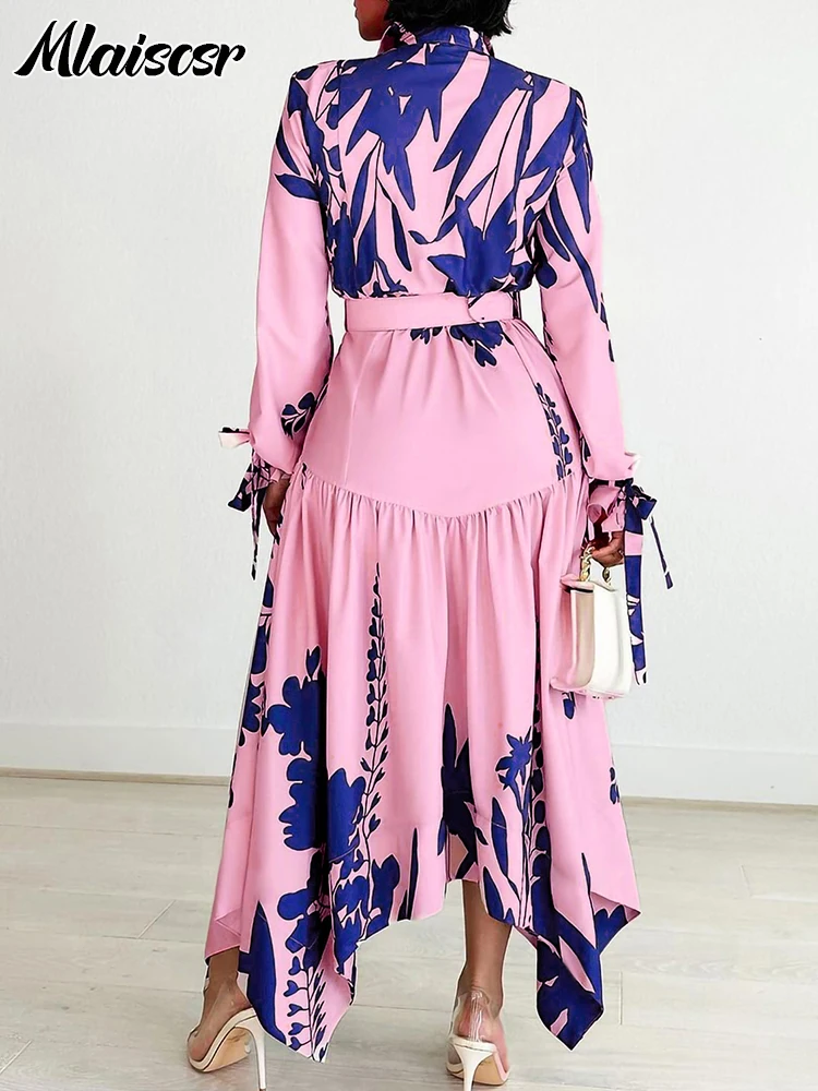 Eleganckie sukienki plażowe w stylu boho z nadrukiem Mlaiscsr z paskiem, damskie afrykańskie jesienne sukienki z kołnierzykiem, długim rękawem i asymetrycznym dołem, idealne na urodziny.