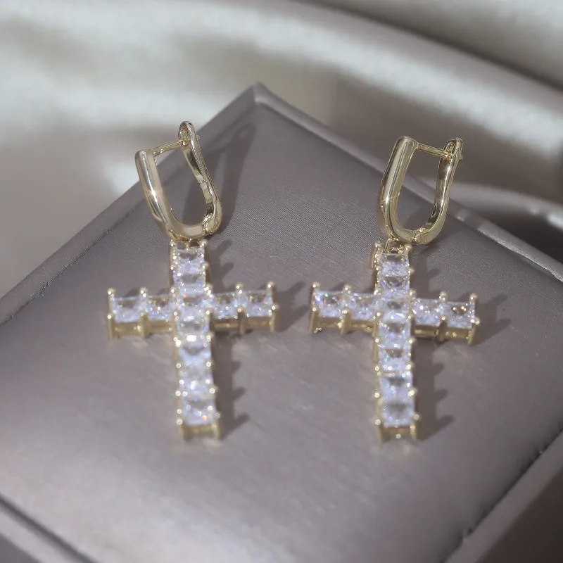 South Korea New Design Fashion Jewelry Luxury Zircon Cross Pendant Earrings Elegant Women\'s Party Accessories