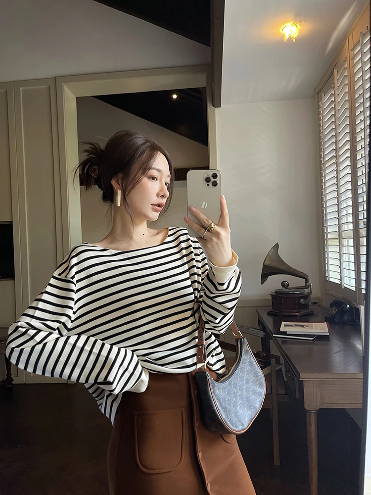 

Molin Lazy Person's Knitted Stripe T-irt Casual Long Sve round Ne Soft Comfortable Base Layer Top for Spring