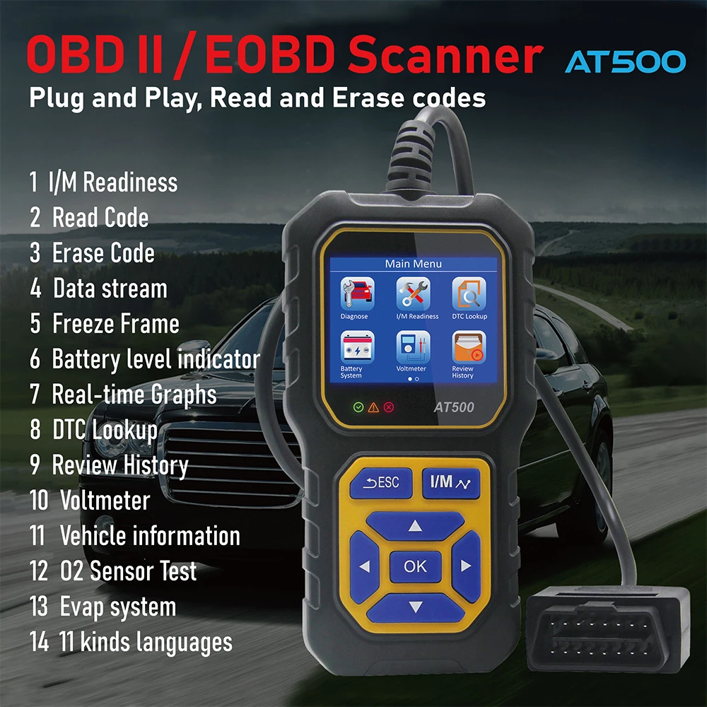 

New AT500 Professional OBD2 Scanner Auto Code Reader Diagnostic Tool Check Engine Light Scan Supplies for OBD II Cars Since 1996